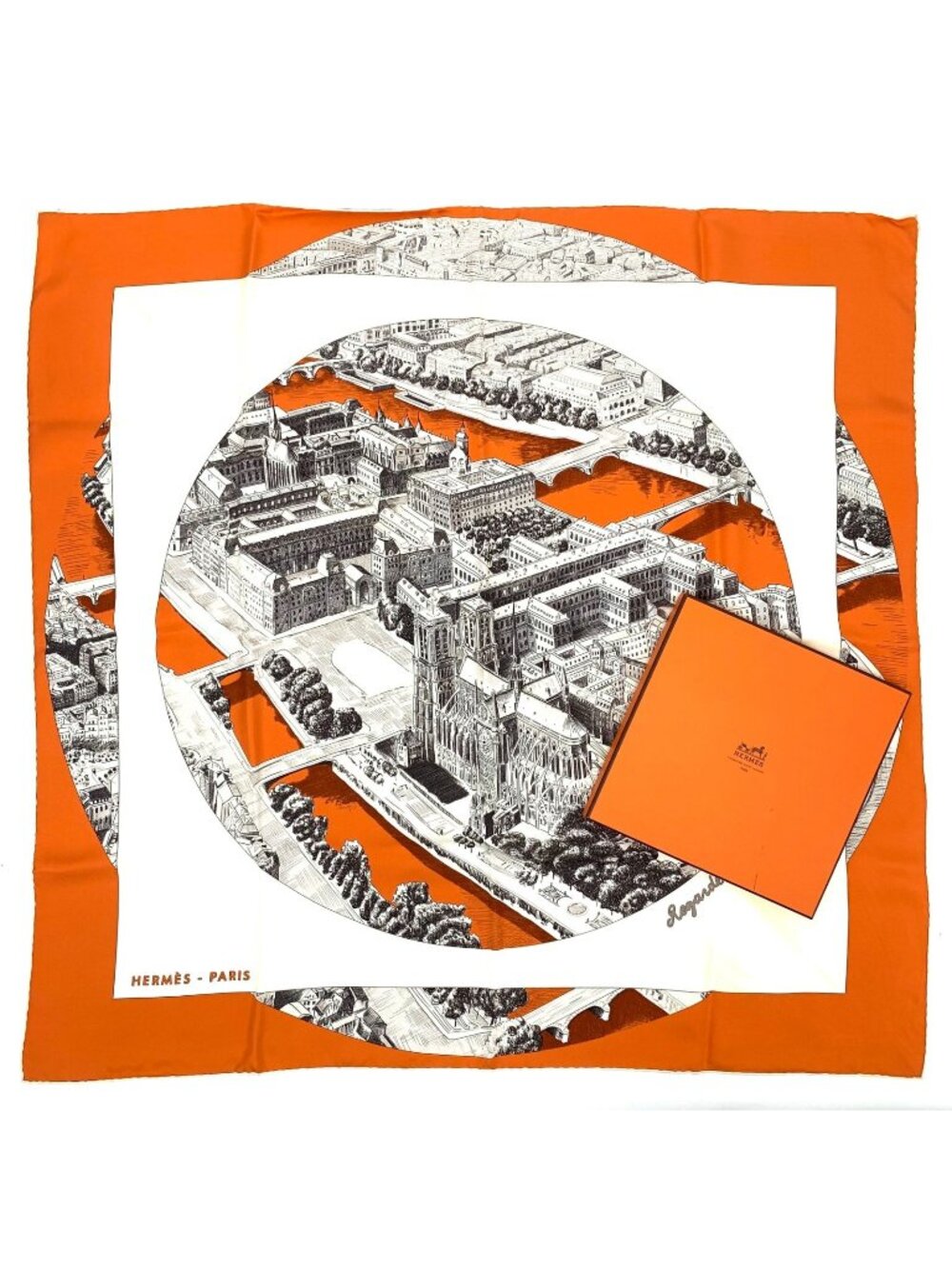 Hermes Carre 90 Regarde Paris View of Scarf Orange